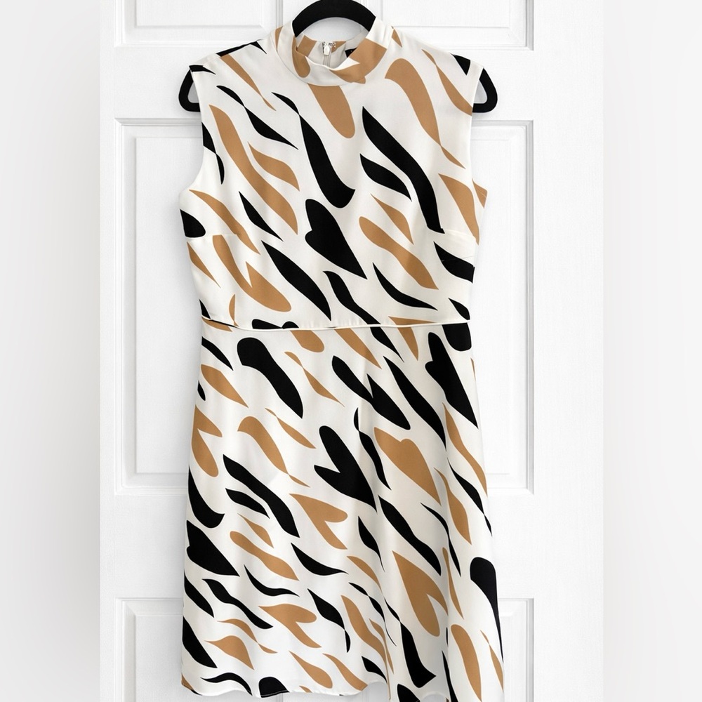 Ann Taylor Sleeveless Midi Dress in White, Black & Tan Abstract Print